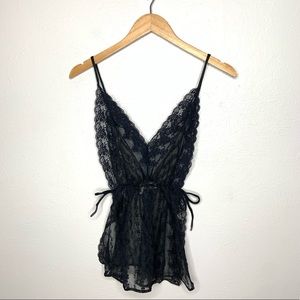 VTG 70s Black Lace Lingerie Top Tie Waist Small
